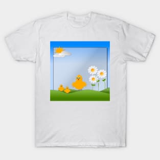 Birds with hills, sun, clouds depicting a scene of Spring season T-Shirt